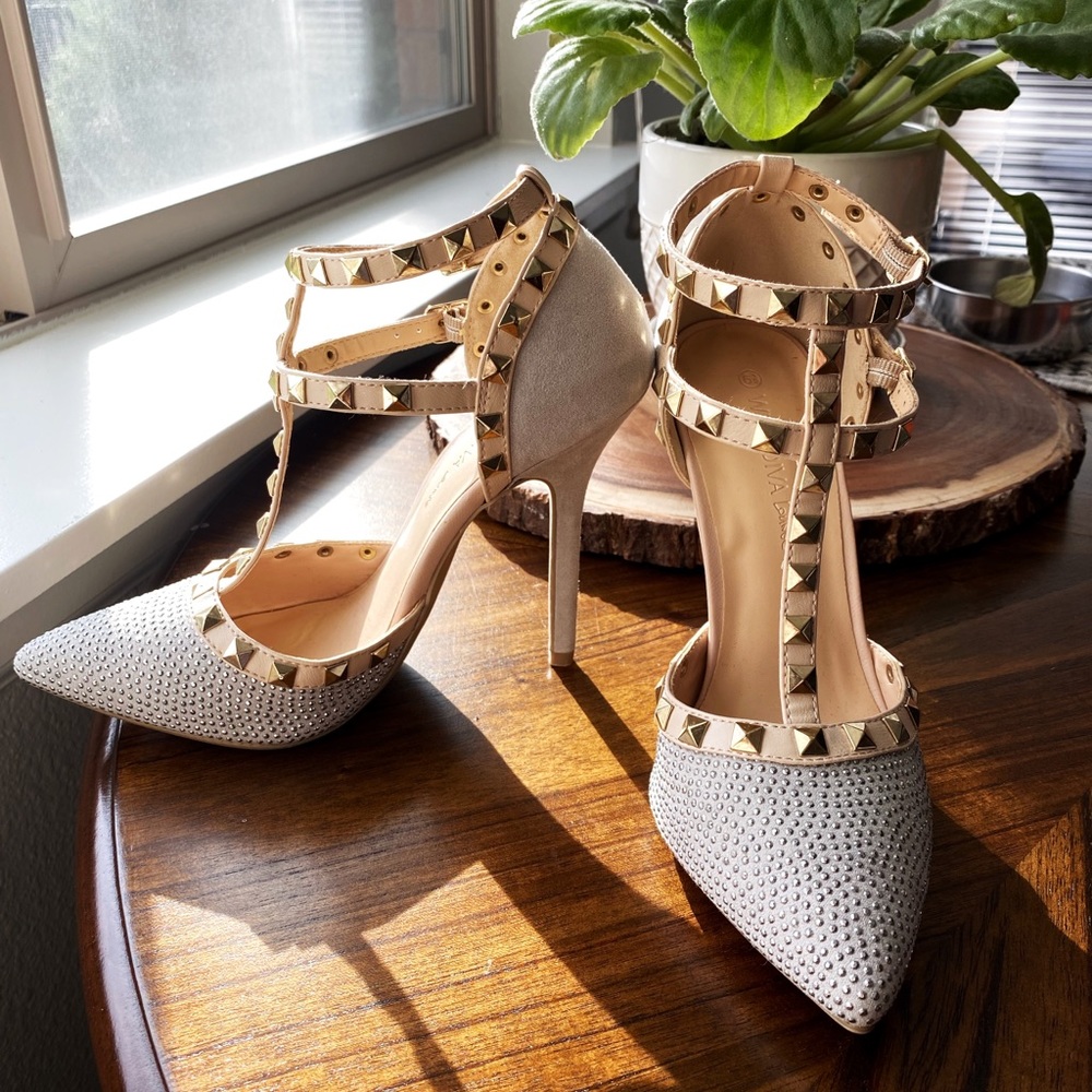 NEW T-Strap Studded Heels in Silver Suede - Picture 3 of 6